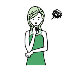 立って手をあごにあてて困っているドレスの女性