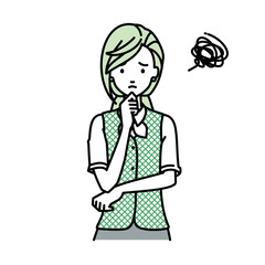 立って手をあごにあてて困っている事務員制服の女性