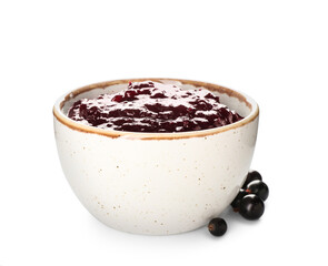 Bowl with black currant jam on white background
