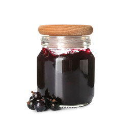 Jar with black currant jam on white background