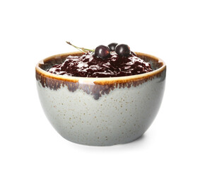 Bowl with black currant jam on white background