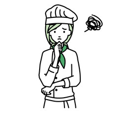 立って手をあごにあてて困っている調理師の女性