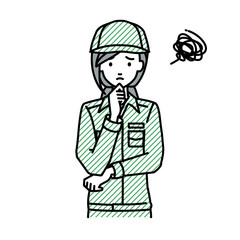 立って手をあごにあてて困っている作業員の女性