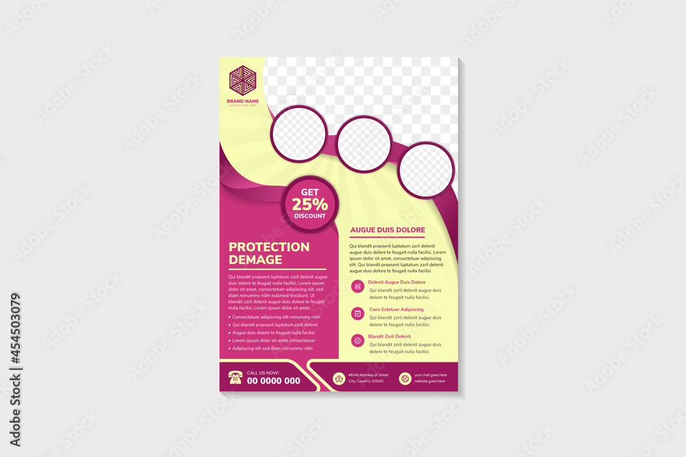 Poster protection damage flyer design template use vertical layout. yellow background combined with pink gr