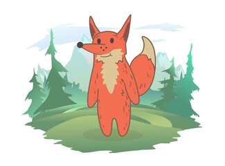 A cute fox standing on a forest lawn, a mountain landscape in the background. Vector illustration, isolated on white.
