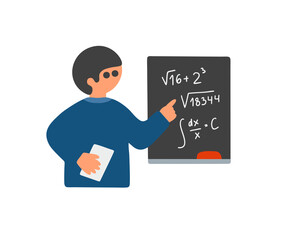Young student near the black board explain mathematics formula.
