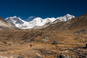 Trekking trail to Amphulapcha base camp surrounded by Himalaya mountains range, Everest region in Nepal