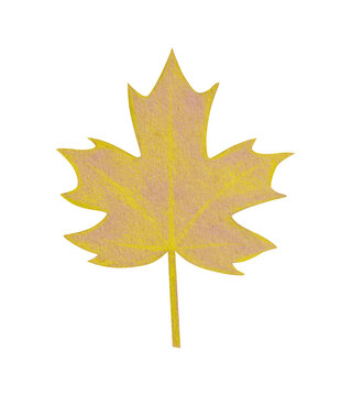 Hand drawn yellow maple leaf with a rough texture. Isolated plant drawing with colored pencils on craft paper. Colorful autumn illustration, art design element, effect of handmade paper-cut decoration