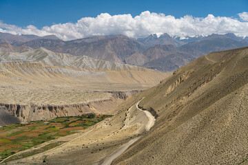 Landscape of Tibetan plateau in Upper Mustang in summer season, Himalaya mountains range in Nepal