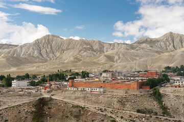 Lo Manthang Tibetan monastery in Upper Mustang trekking route surrounded by Himalaya mountains range, Nepal