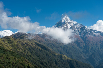 Machapuchare mountain peak , holy mountain in Annapurna range, Himalaya mountains range in Pokhara, Nepal