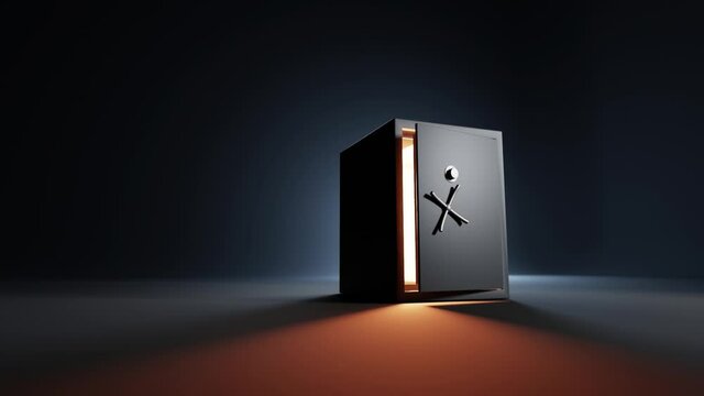 Black bank safe with opening steel door and golden light inside, perspective view. Metal rectangular box for money storage in empty dark room. Vault with lock and handle. Realistic animation 3d render