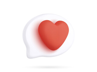 White 3d realistic bubble with red heart isolated on white background. Vector illustration
