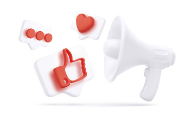 White realistic megaphone and 3d flying thumb up, heart and chat icons isolated on white background. Social media and digital marketing. Vector illustration
