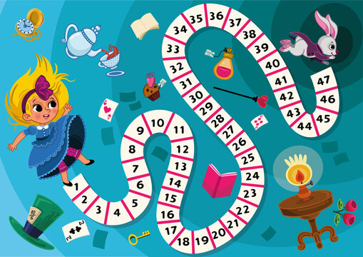 Board Game for Children In Alice in Wonderland theme. Illustration of a board game with fairy tale background. Vector illustration.