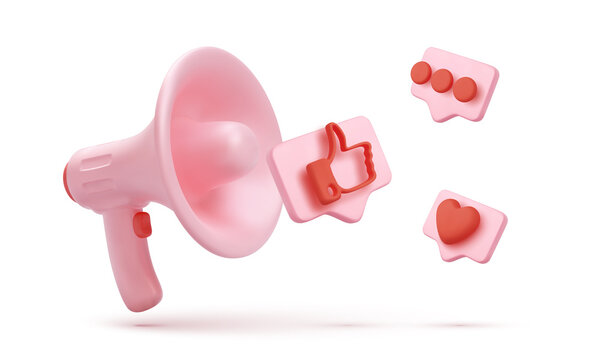 3d render megaphone with flying icons in bubbles with shadow isolated on white background. Vector illustration