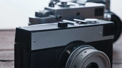 Old vintage 35 mm metal film camera, close-up