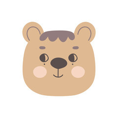 The face of a cute bear cub with open eyes. The head of a funny animal. Vector illustration for the design of baby clothes, nursery and posters