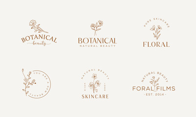 Floral element Botanical Hand Drawn Logo with Wild Flower and Leaves. Logo for spa and beauty salon, boutique, organic shop, wedding, floral designer, interior, photography, cosmetic.