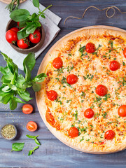 Italian cuisine. Pizza with tomatoes and basil. Cheese pizza on a wooden table. Italian food and products. A delicious lunch. Background for a pizzeria