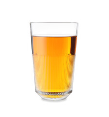 Glass of tasty apple juice on white background