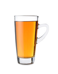 Glass of tasty apple juice on white background