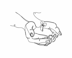 Continuous one line drawing of hand holding young seedling in soil eco concept in silhouette on a white background. Linear stylized.