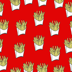 french fries illustration on red background. fries with white bucket. fast food icon. hand drawn vector. seamless pattern. doodle art for wallpaper, backdrop, print, fashion, wrapping paper, fabric. 