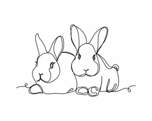 Continuous one line drawing of two little bunny rabbits icon in silhouette on a white background. Linear stylized.