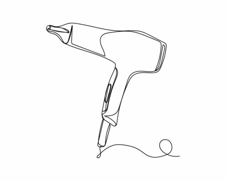 recommend clip art: Continuous one line drawing of ionic hair dryer in silhouette on a white background. Linear stylized.