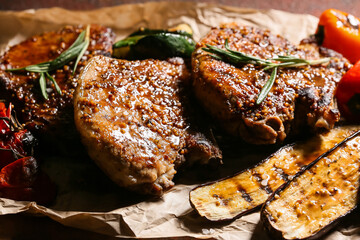 Tasty pork steaks and grilled vegetables on table, closeup