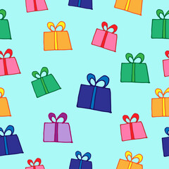 colorful gift box with bow illustration on blue background. seamless pattern. hand drawn vector. doodle art for wallpaper, wrapping paper, backdrop, fashion, fabric. gift box for christmas celebration