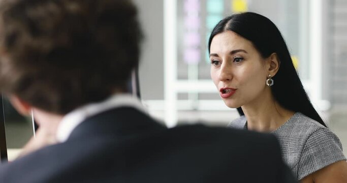 Serious and argument people scene, businesswoman executive look stress and angry during talking to businessman colleague in office. Concept of bad situation in company and organization working.