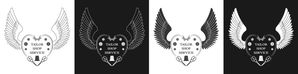 Tailor shop service. Logo in the form of a heart made from sewing supplies. With eagle wings