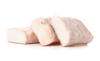 Pieces of salted lard on white background
