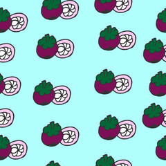 mangosteen fruit illustration on blue background. whole and sliced fruit. seamless pattern. hand drawn vector. exotic fruit. sweet taste. doodle art for wallpaper, wrapping paper, backdrop, fabric. 