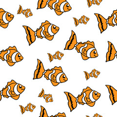 golden fish illustration on white background. hand drawn vetor. cute and funny fish, orange with black and white color. seamless pattern. doodle art for wallpaper, backdrop, fabric, wrapping paper. 