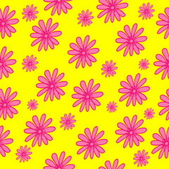 beautiful pink flower illustration on yellow background. seamless pattern. hand drawn vector. elegant and vintage style. doodle art for wallpaper, fashion, textile, fabric, wrapping paper, backdrop. 