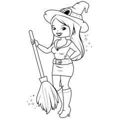 Woman in a Halloween witch costume. Vector black and white coloring page.