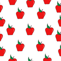 red apple with green leaf illustration on white background. shiny and fresh fruit. hand drawn vector. seamless pattern. sweet taste. doodle art for wallpaper, fabric, textile, print, wrapping paper. 