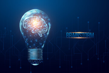 Wireframe polygonal human brain in a lightbulb. Business idea, brainstorming concept with glowing low poly bulb. Futuristic modern abstract. Isolated on dark blue background. Vector illustration.
