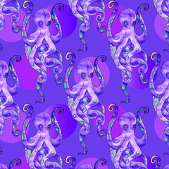 Hand drawn seamless pattern with watercolor violet octopus. Colorful cartoon underwater animals. Vector illustration.