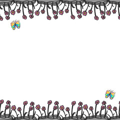 beautiful plant with pink flower and two butterflies illustration on white background. nature frame, up and down. blank space template. doodle art for wallpaper, greeting and invitation card, poster. 