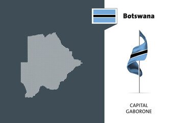 Flag of Botswana on white background. Dotted Map of Botswana with Capital name - Gaborone.	