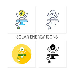 Solar energy icons set. Conversion of power from sunlight into electricity. Solar battery. Renewable energy concept.Collection of icons in linear, filled, color styles.Isolated vector illustrations