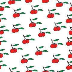 red berries with branch and green leaf illustration on white background. seamless pattern. hand drawn vector. sweet and fresh fruit. doodle art for wallpaper, wrapping paper, fabric, textile, fashion.