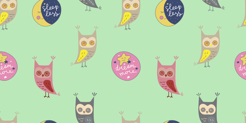 Seamless pattern with cute owl in cartoon style