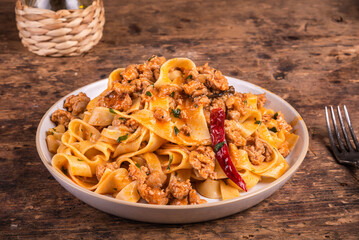 Fettuccine pasta with hot pepper sausage ragout, portion in a plate on a wooden table. Country American-Italian pasta, rustic style