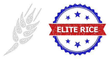 Elite Rice textured stamp, and barley ear icon network structure. Red and blue bicolor stamp includes Elite Rice tag inside ribbon and rosette. Abstract flat mesh barley ear, created from flat mesh.