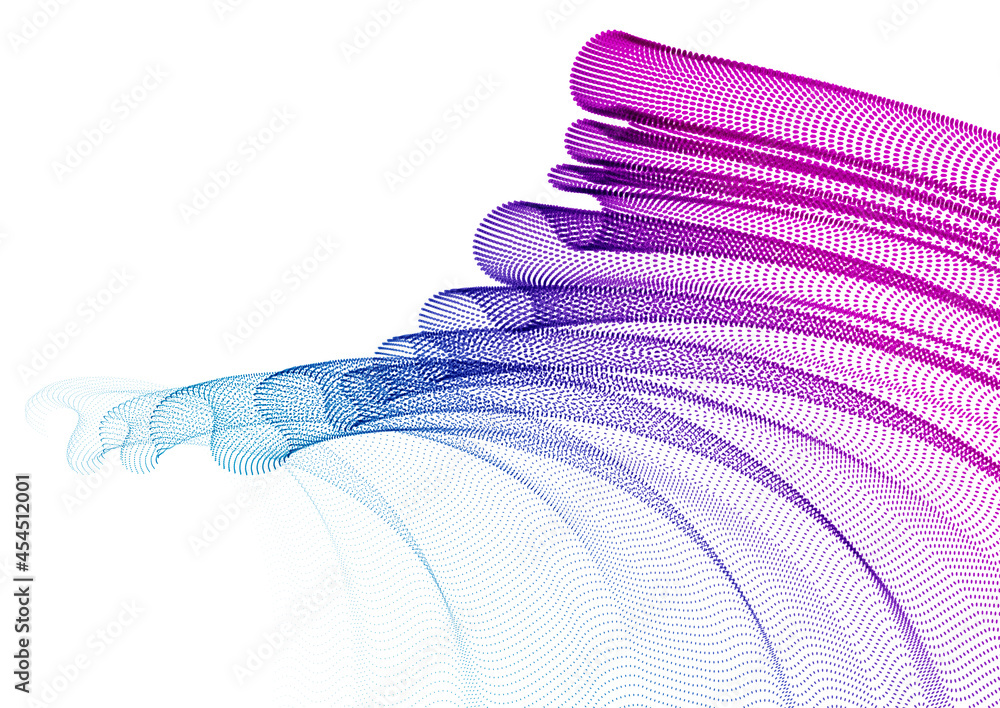 Poster dynamic particles sound wave flowing, transparent tulle textile on wind. dotted curves vector abstra